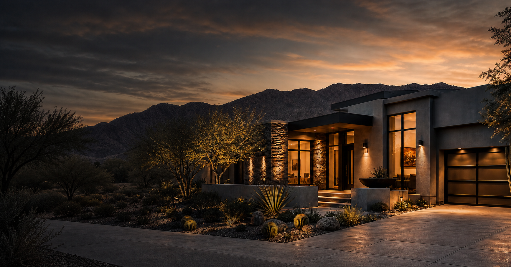 Modern Coachway desert residence at sunset beneath the mountains