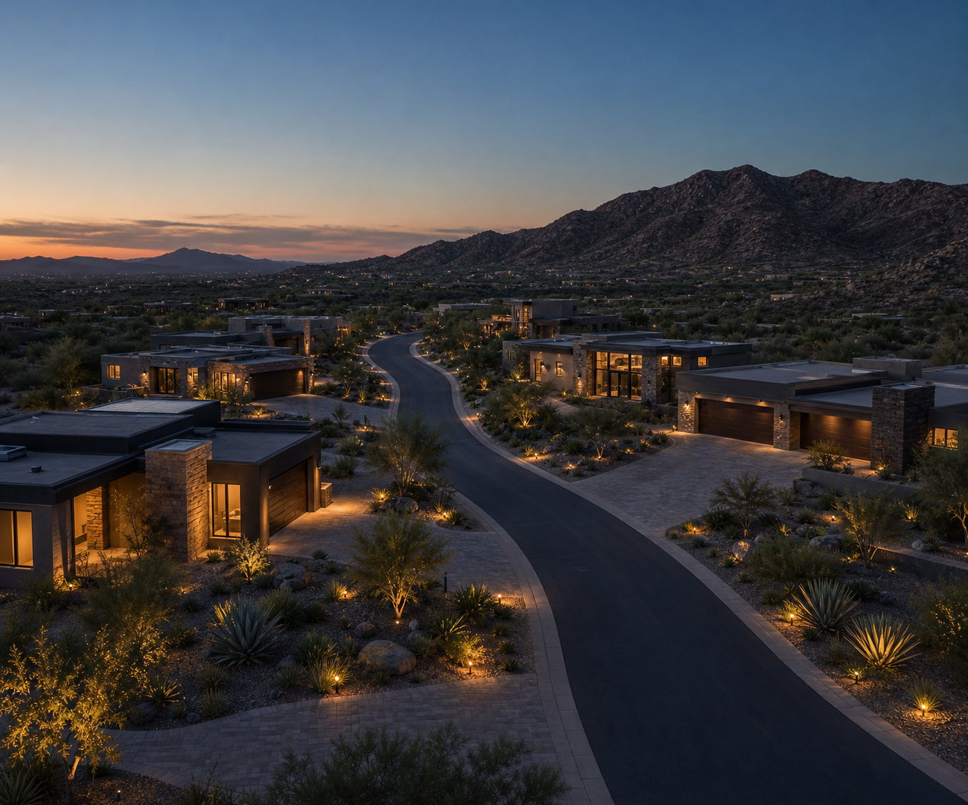 Elevated blue-hour view of spacious modern desert homes with landscaped yards and connected private driveways beneath Arizona mountains