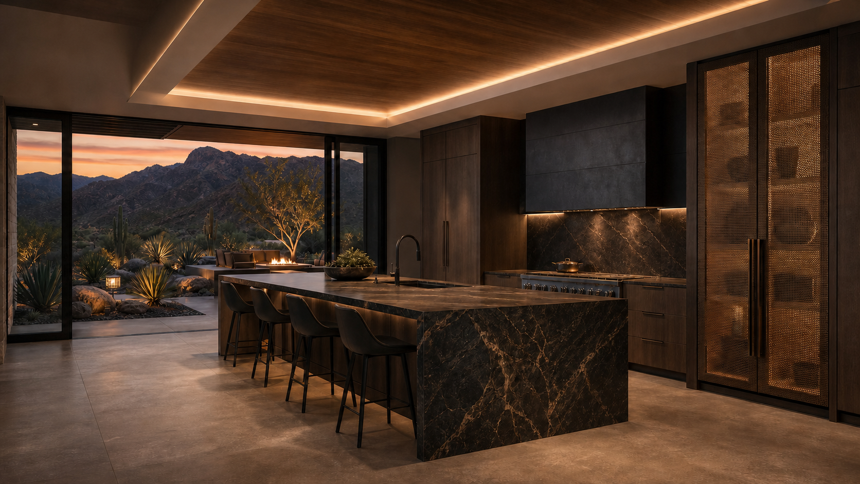 A dark stone and smoked oak luxury kitchen with perimeter lighting