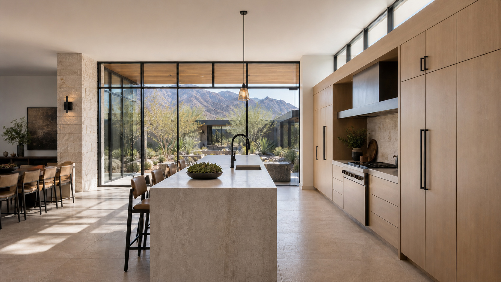 A light limestone and white oak luxury kitchen