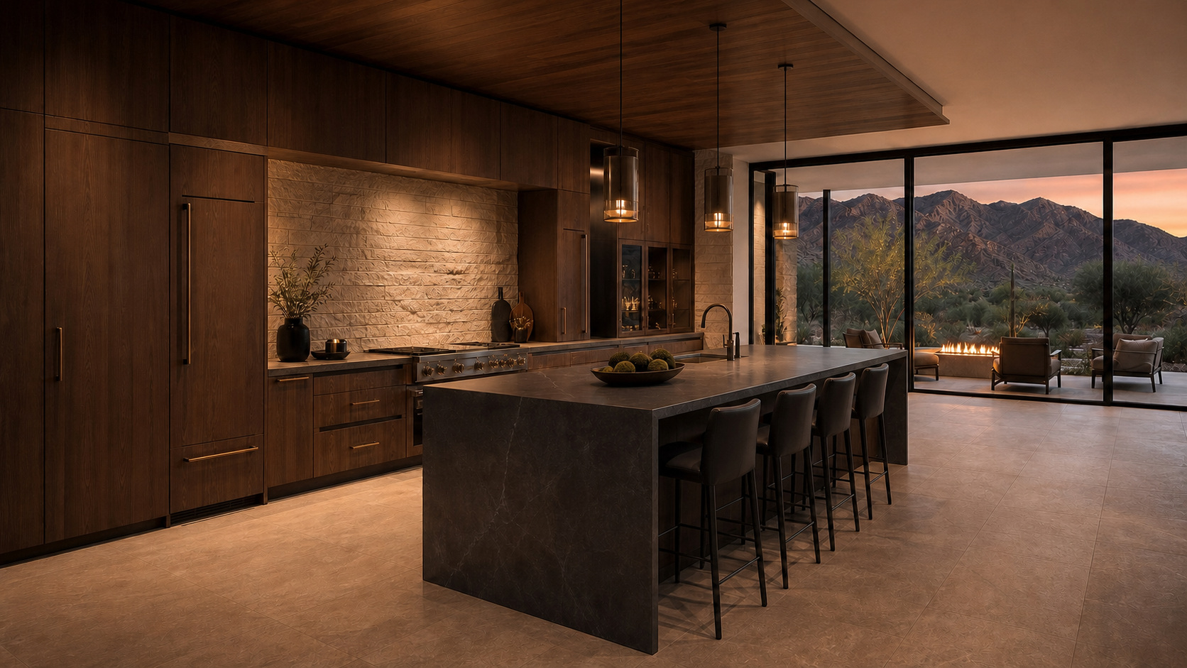 A warm walnut and charcoal luxury kitchen with a mountain view