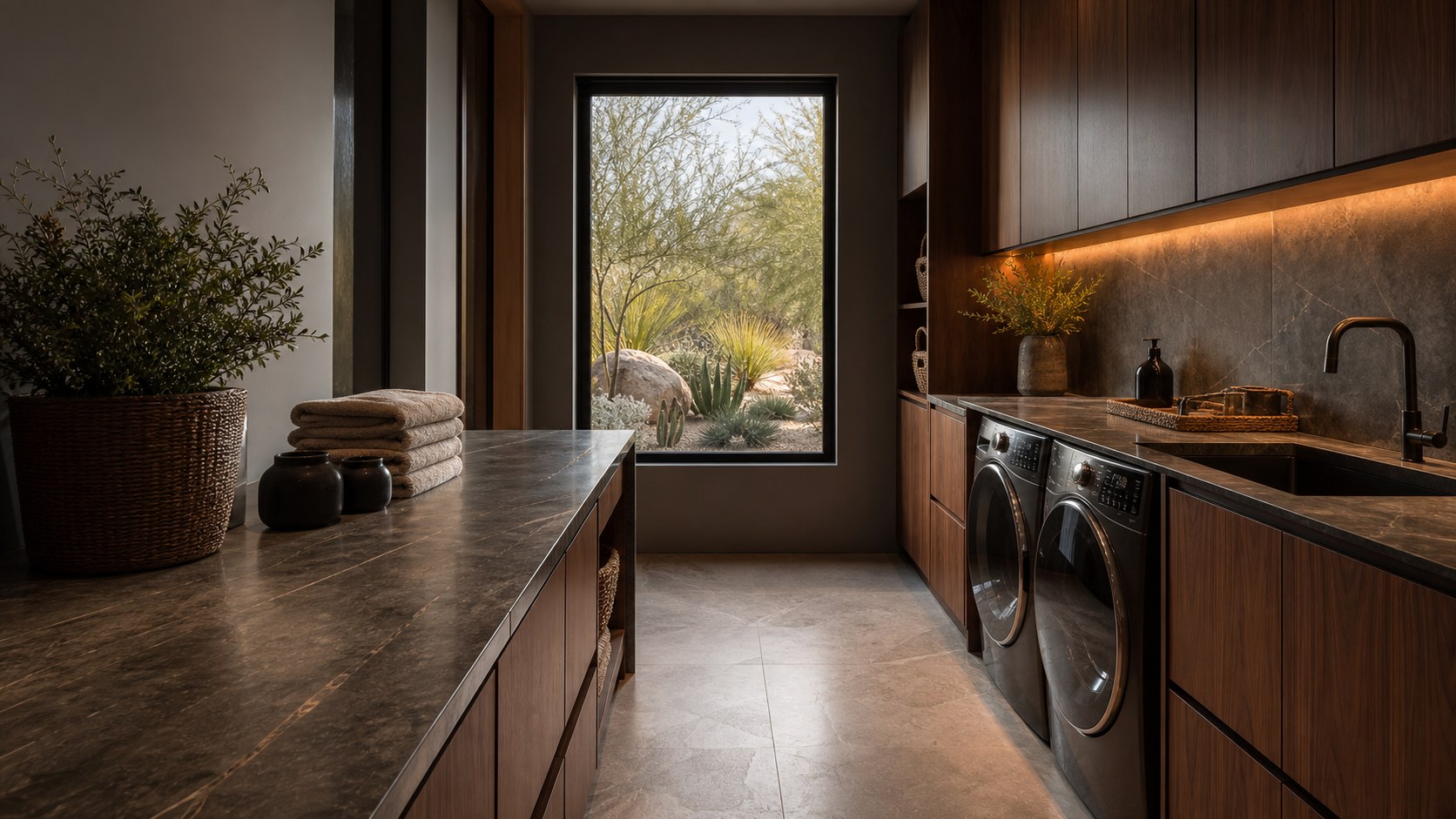 A refined luxury laundry room with integrated storage