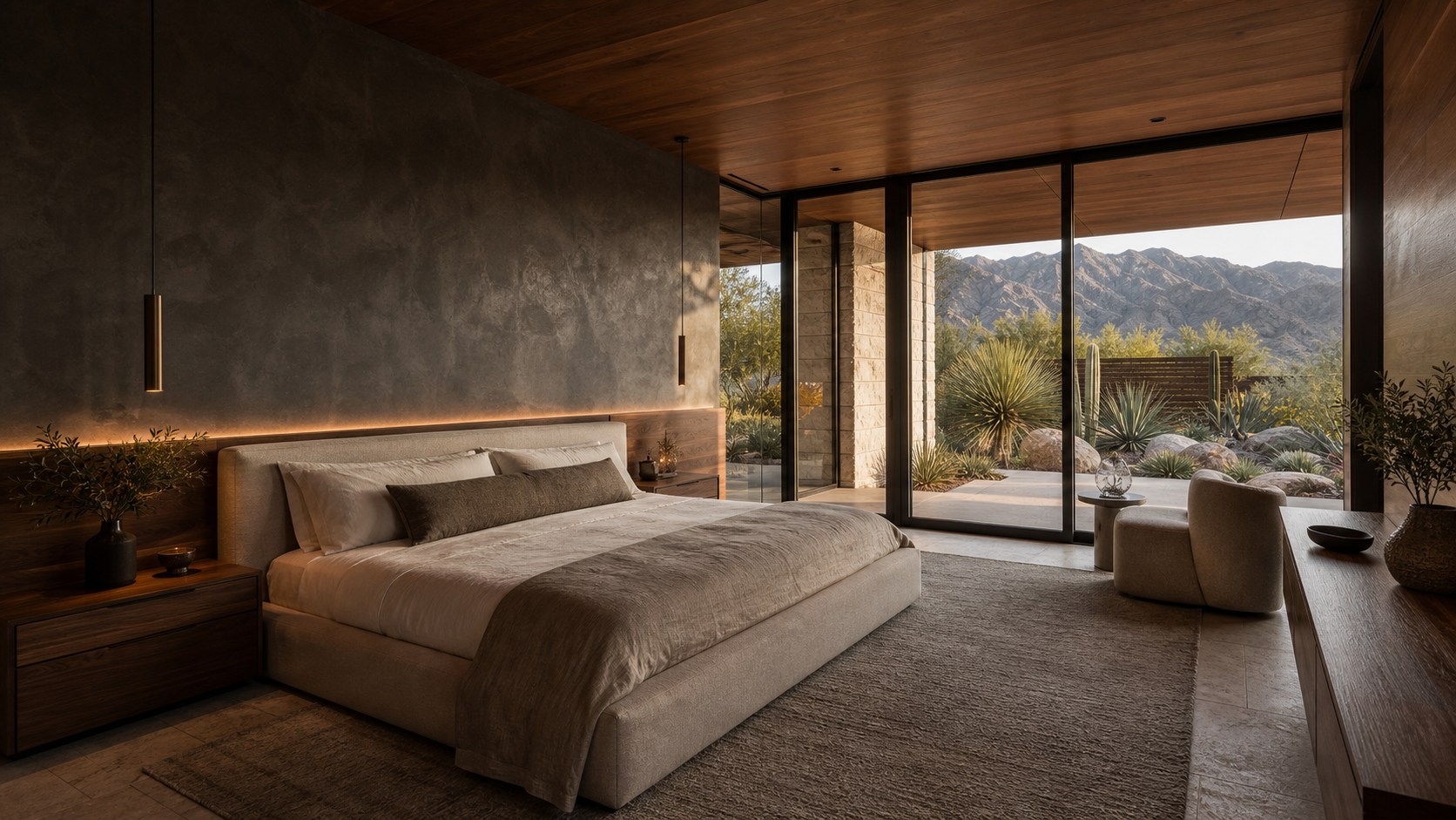 A calm modern primary bedroom framed by the desert