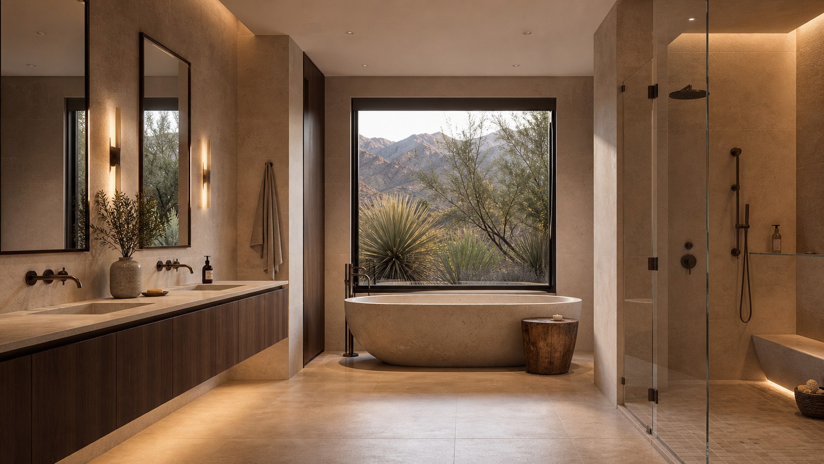 A spa-inspired bathroom in warm stone and walnut